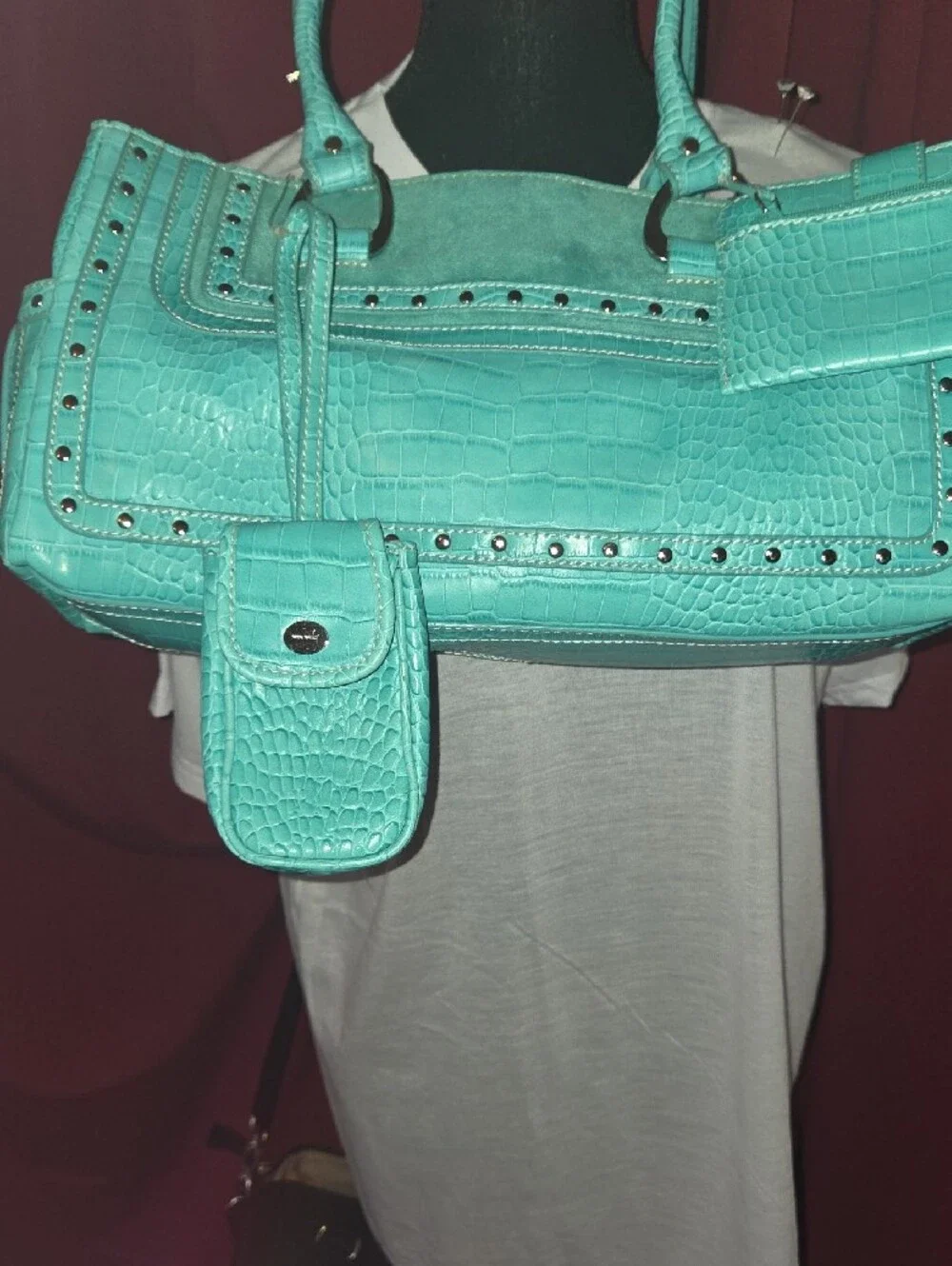 Nine West Teal Croc-Embossed Shoulder Bag with Stud Accents